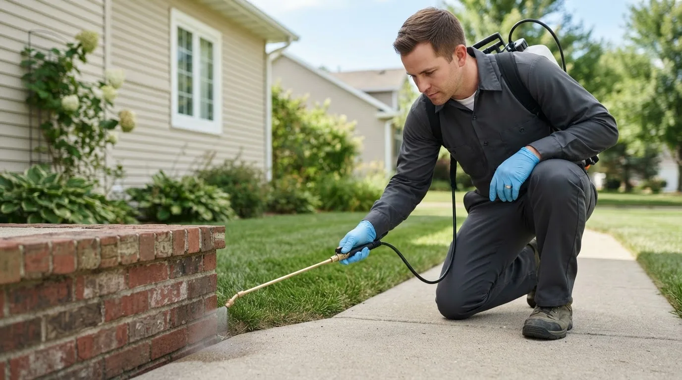 Pest control technician treating a home near Saratoga Springs, UT